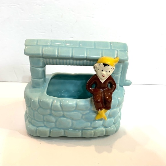 Blue Wishing Well with Elf Pixie Planter Vintage - Picture 1 of 7